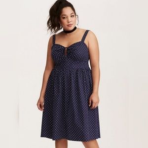 TORRID BLUE POLKA DOT TIE FRONT POPLIN SWING DRESS